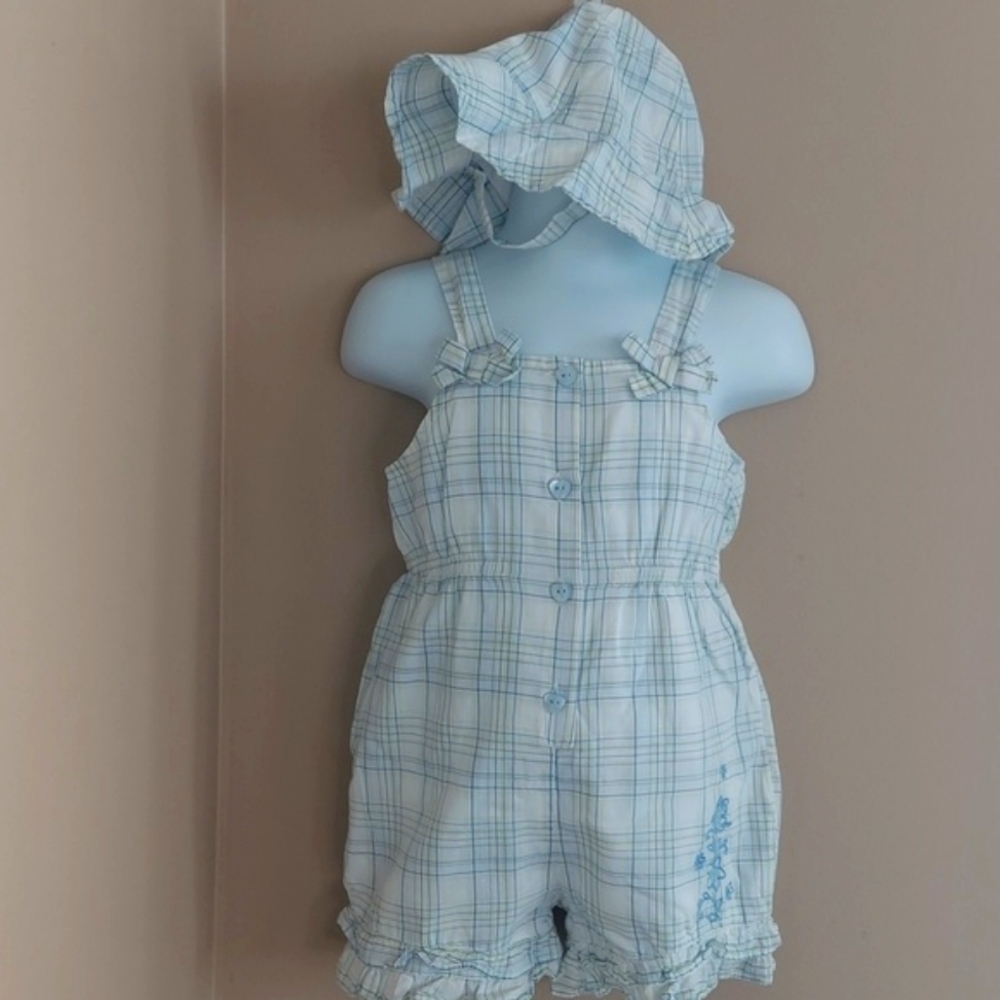 First Impressions Bubble Romper with matching hat - white & blue - sz 12mos
